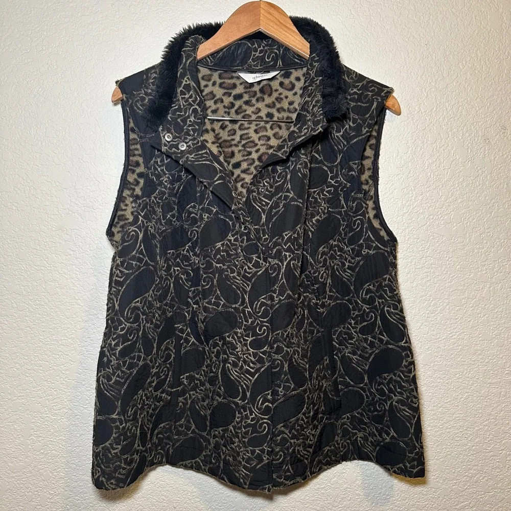 Cj Banks Womens‎ XL Vest Faux Fur Collar Leopard Fleece Lined Button Paisley Y2K